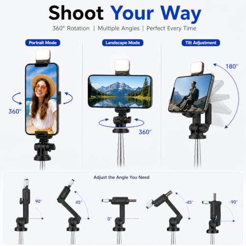 Image of Selfie Stick Tripod 5.6 Feet with LED Fill Light, Extendable Mobile Phone Stand for Video Recording, Vlogging, Live Streaming & Video Calls, 360 Rotation, Compatible with Android & iPhone