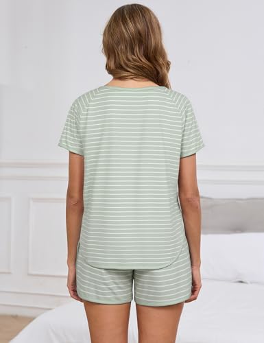 Image of Cotton Pajama Sets for Women 2 Piece Lounge Set Stripe Pj Set Loungewear Short Sleeve Top and Shorts with Pockets