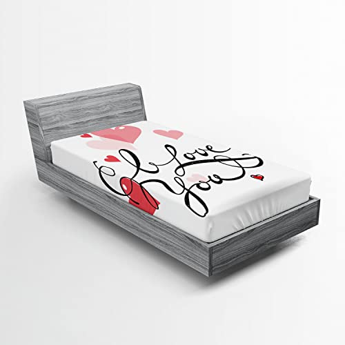 Ambesonne I Love You Fitted Sheet, Handwritten Illustration Swirly Designed Calligraphy with Pink and Red Hearts, Bed Cover with All-Round Elastic Deep Pocket for Comfort, Twin XL Size, Black Pink