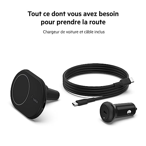 Belkin BoostCharge Chargeur de voiture Magnétique sans fil, Support Telephone Voiture Magnetique, Compatible MagSafe, pour l’iPhone 17, 16, 15, 14, 13 Pro, Max, Plus, mini (câble et chargeur inclus)