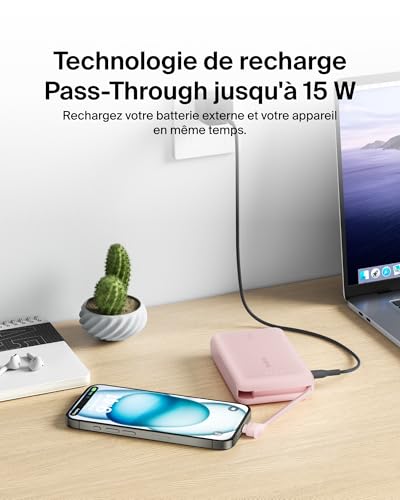 Belkin BoostCharge Batterie Externe 10 000 mAh Portable avec câble intégré (PD 20 W, Recharge Rapide USB-C Power Delivery, pour Tous Les modèles de l'iPhone 16/15, iPad Pro, Galaxy S24, etc.)