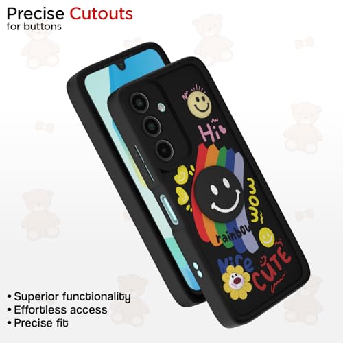 Image of Pikkme Back Cover for Samsung Galaxy A16 5G | Soft Silicone| Cute Rainbow Smile & 3D Cartoon Flower Design | Shockproof Raised Camera Protection Bumper Case (Black)