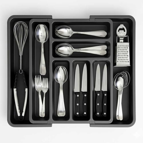 edihome, Organizador Cubiertos, Cubertero para Cajon, Bandeja de Cuberteria Extensible, con 6 a 8 Compartimentos, BPA Free, Ajustable, Utensilios de Cocina (Gris)