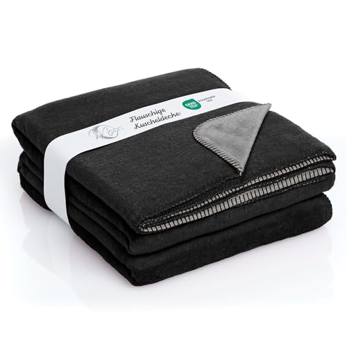 Moon Doubleface Kuscheldecke, Wohndecke aus Baumwollmischung - ca. 220x240 cm mit geketteltem Rand (schwarz/anthrazit)