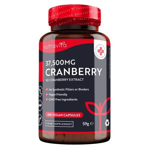 Capsule di mirtillo rosso ad alta resistenza 37.500 mg - 180 capsule vegane - Fornitura di 2 mesi - Integratore di estratto di mirtillo rosso puro 50:1 - Prodotto nel Regno Unito da Nutravita