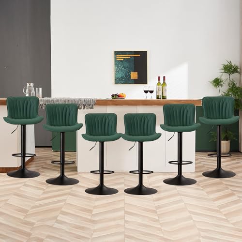 Image of Bar Stools Set of 6 Modern Kitchen Counter Chairs Barstools Dark Green | Faux leather upholstered island chairs with backs & metal base. Swive Adjustable Height, easy to clean & load 300 lbs