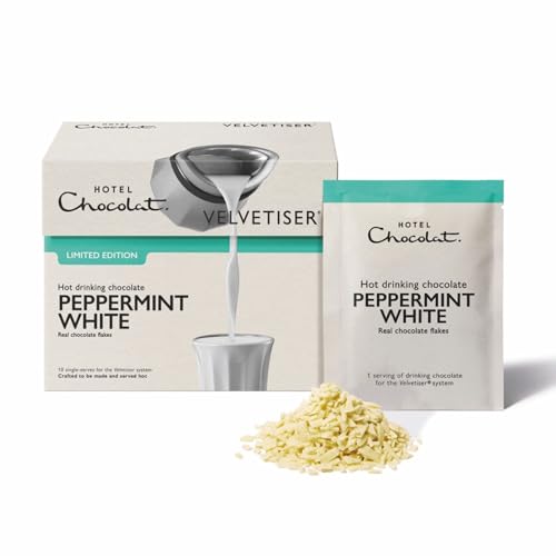Image of Hotel Chocolat Hot Chocolate Mix - Peppermint White Drinking Chocolate with Real Chocolate Flakes, 10 Servings, Gourmet Cocoa