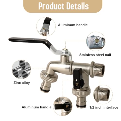 Image of HASTHIP Water Tap, Garden Faucet Splitter, 1 in 2 Out Zinc Alloy Hose Y-Connector, Dual Water Tap Adapter with Individual Shut-Off Valves for Garden, Lawn & Outdoor Irrigation
