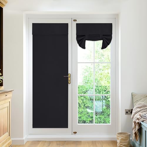 RYB HOME 2 Panels Blackout French Door Curtains Set of 2 - No Drill Thermal Insulated Privacy Door Window Blinds Room Darkening Window Curtains for Bedroom Kitchen, W26 x L69, Black