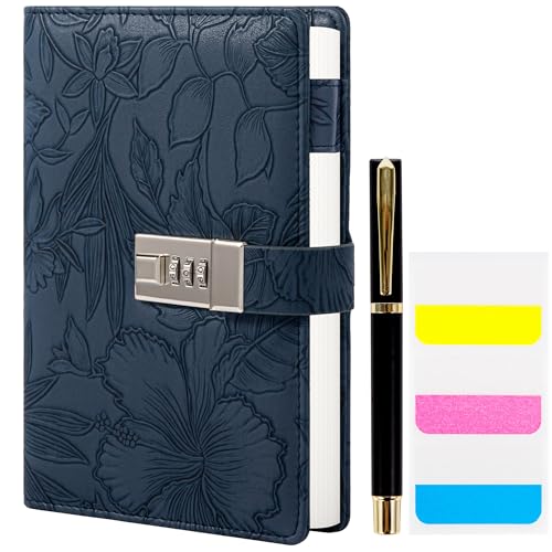 TIEFOSSI Diary with Lock for Women, 3D Embossed Journal with Lock, 224 Pages Wide lined Notebooks, PU Leather with Pen and Stickers Planner Organizer for Women & Men
