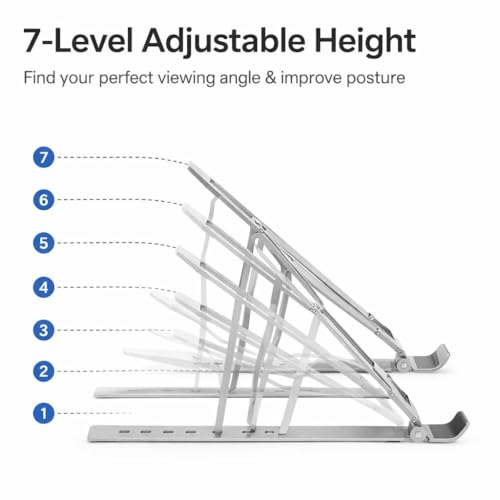 Image of KATYAYANI Adjustable Laptop Stand for Desk | Portable & Foldable Aluminium Laptop| Heat-Dissipation, 7-Level Height Adjustable Holder | Compatible with 10-17 Inch Laptops, Tablets Carry Pouch Included