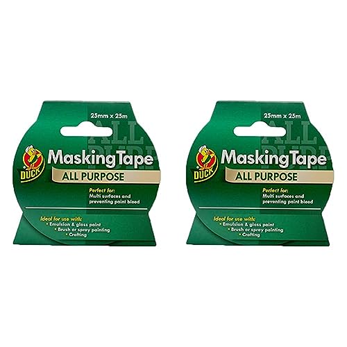 Duck Tape All Purpose Masking Tape 25mm x 25m, indoor painting and decorating for multi surfaces prevent paint bleed (Pack of 2)