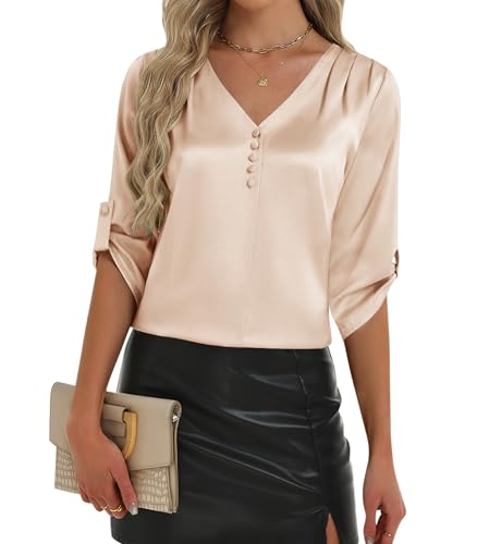 2026 Womens 3/4 Sleeve Shirts Dressy Casual Tops Pleated Satin...