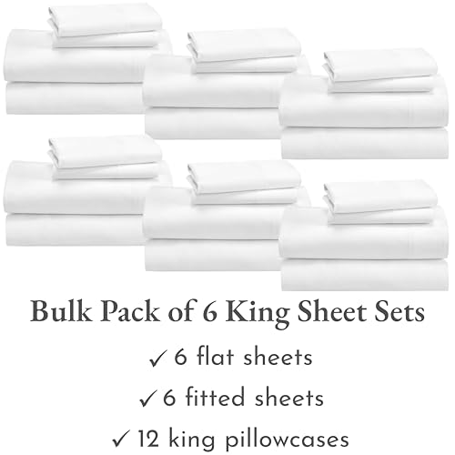 Image of California Design Den Bulk Pack of 6 King Size Sheet Sets - 600 Thread Count 100% Cotton Sateen, Deep Pockets, Case Includes 6 Flat Sheets, 6 Fitted Sheets & 12 Pillowcases (White)