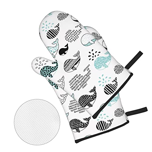 Cute Abstract Whale Oven Mitts And Pot Holders Sets Of 4 Heat Resistant Thick Non-Slip Oven Mitts, Oven Gloves Pot Holders Set For Cooking, Baking Grilling And Bbq #TOP2