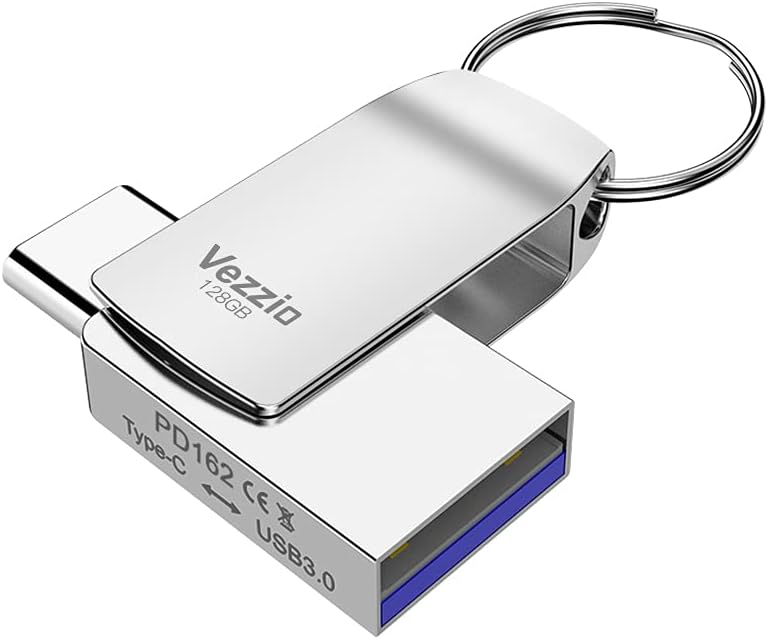 128GB Flash Drive, Vezzio USB C +USB A 2 in 1 Dual Port USB3.0 Memory Stick High Speed for Mobile Phone Computer Mac Book USB c Drive
