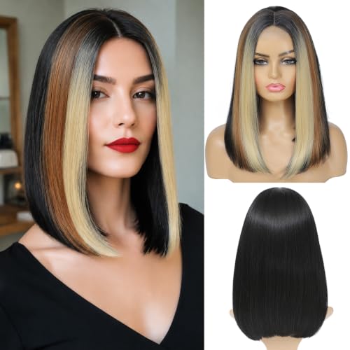 Long Bob Wig with Blonde Highlights Sleek Straight Bob Synthetic Hair Wig