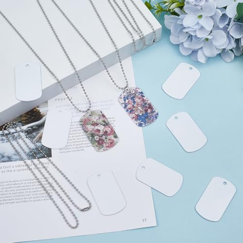 SOFPLATE 1 Box 45Pcs Sublimation Dog Tags Blanks Bulk with Chain White Aluminum Stamping Blank Tag Pendants Heat Transfer Double Sides Sublimation Keychain Blanks for DIY Craft Necklace Luggage Bagge - Image 4