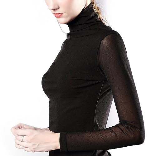 Women's Turtleneck Top Long Sleeve Slim Fit Shirts Mesh Sheer See Through Casual Top2