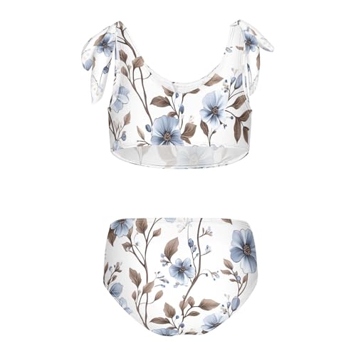 Girls Blue Flowers with Brown Leaves Pattern Swimsuit Two Pieces Bikini Set Bathing Suits Swimwear Crop Top Swimsuit Set2