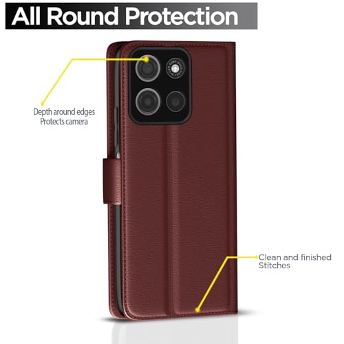 Image of Pikkme Flip Cover Leather Finish | Inside TPU with Card Pockets | Wallet Stand and Shock Proof | Complete Protection Button Flip Case for Moto G15(Brown)