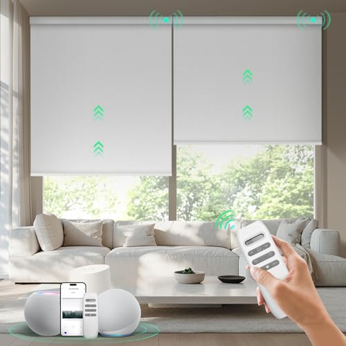HeyBlinds Motorized Blinds with Remote, 100% Blackout Smart Blinds, Motorized Shades, Automatic Blinds for Windows, Electric Blinds Compatible with Alexa Google and Homekit (Manner-Snow White BO)