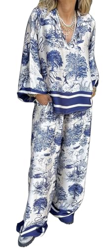 Recious Womens Sexy 2 Pieces Printed Pullover T-shrits Bodycon Wide Leg Pants Party Clubwear Tracksuit Outfits Set