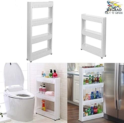 HYGRAD® Slide Out Storage Tower Folding 3/4 Tier Rolling Castor Kitchen Bathroom Trolley Rack UK (White, 3 Tier)