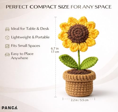Image of PANCA Crochet Sunflower Pot - Artificial Sunflower for Office Desk, Car Dashboard & Home Decor | Handcrafted Yarn Flower in Pot, for Wedding, Bedroom (Sunflower in Brown Knitted Pot)