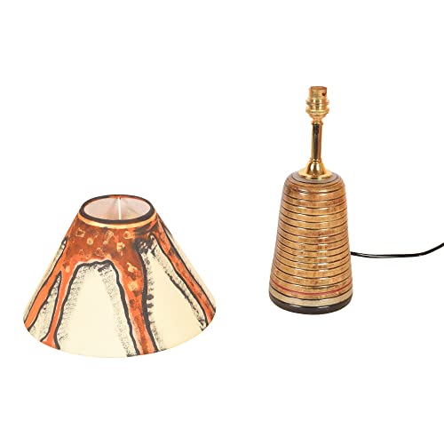 Image of AAKRITI ART CREATIONS Terracotta Table Lamp for Study Room, Bedroom & Living Room Decoration | Abstract Tribal Chevron Pattern Bedside Lamp with Cotton Fabric Shade | Aesthetic Night Lamp