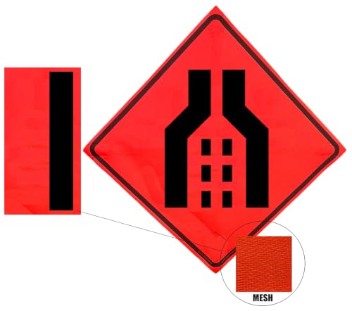 Image of OrangeGear 36 inchx36 inch Double Transition Symbol Mesh Sign & Steel Spring Stand | MUTCD TTC compliant orange mesh roll-up sign kit with fiberglass ribs, single-spring steel stand and straight-bar overlays.