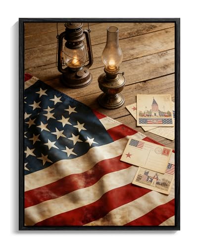 Image of American Flag Framed Canvas Wall Art, 4th of July Red White Blue Canvas Prints, USA Flag with Picture Patriotic Decorations, Modern Independence Day Wall Decor for Bedroom Living Room Office 8x10