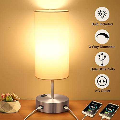 Touch Table Lamp with 2 USB Charging Port, 3-Way Dimmable Bedside Nightstand Lamp