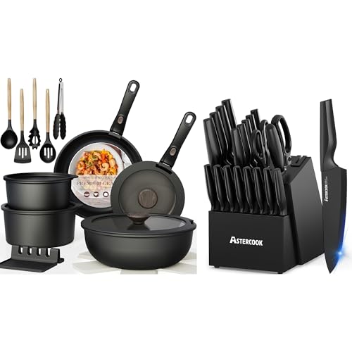 Image of Astercook 21 Pcs Pots and Pans Set Non Stick with 21 Piece Knife Set with Sharpener Block