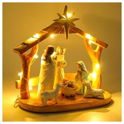 CHUANGLI Crèche de Noël avec lumières LED – Crèche d'intérieur avec mangeoire, figurines et histoire – Décorations de Noël festives