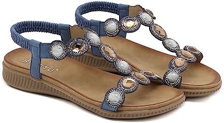 DKCHENH Sandals for Women Flats Shoes with Elastic Ankle Strap Comfortable Bohemian Flat Shoes for Women Sandals Breathable Dressy Summer Shoes Outdoor.Blue Sandals | Image 1