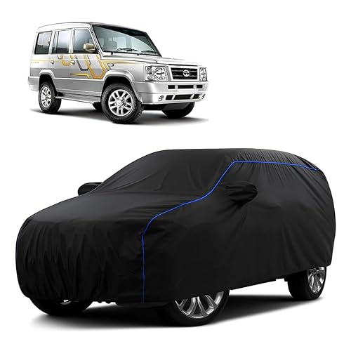Image of Sulfar 100% Water Resistant Car Body Cover Compatible with Mirror for Tata Sumo Victa (Triple Stitched, Full Bottom Elastic, Black Tafetta with Blue Piping)