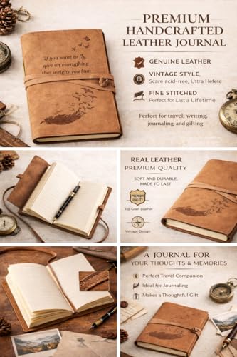 Image of AccuPrints Handmade Leather Journal 240 Pages, Travel Diary with Inspirational Quote, Vintage Craft Paper Notebook for Writing, Sketching, Scrapbooking, Compact Size with Strap Closure
