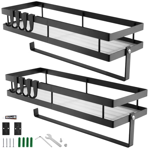 MUKSEUT 2 PCS Black Spice Rack Wall Mounted, Spice Rack with Paper Towel Holder Roll and Hooks, Mental Kitchen Spice Organizer for Kitchen Bathroom, 35x12x5.7 cm
