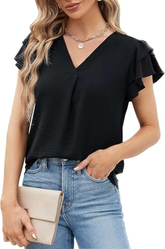 Teesho Damen Bluse Kurzarm Oberteile Sommer Shirts V-Ausschnitt Elegant Blusen Tunika Tops(Schwarz/XL)