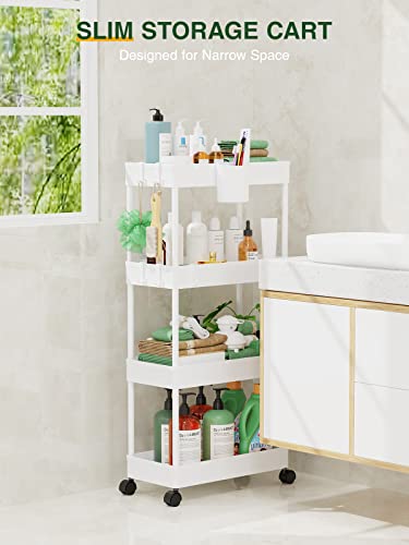 Lehom Slim Rolling Storage Cart - 4 Tiers Bathroom Organizer Utility Cart Slide Out Storage Shelves Mobile Shelving Unit For Kitchen, Bedroom, Office, Laundry Room, Small Narrow Spaces (Pear White) #TOP1