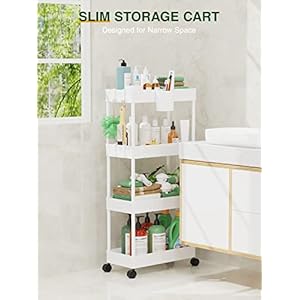 LEHOM Slim Rolling Storage Cart - 4 Tiers Bathroom Organizer Utility Cart Slide Out Storage Shelves Mobile Shelving Unit for Kitchen, Bedroom, Office, Laundry Room, Small Narrow Spaces (Pear White) LEHOM Slim Rolling Storage Cart 4 Tiers Bathroom Organizer Utility Cart Slide Out Storage Shelves Mobile Shelving Unit for Kitchen Bedroom Office Laundry Room Small Narrow Spaces Pear White