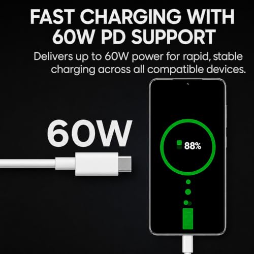 Image of 60 W Type C to C Super Fast Data Cable Compatible with Samsung Galaxy -Fold /Flip /7 /6 /5 /S26 /S26+ /S25 /Ultra /Edge /Tab /FE /S10+ / S9+ / S10 / S11 / A11+ / A11 / A9+ /A9-5G 60 watt Type C Cord, White