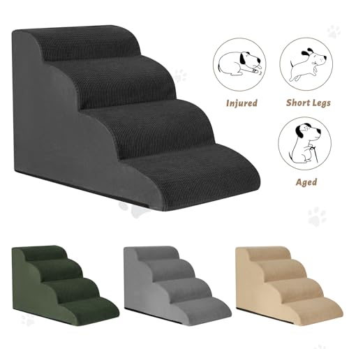 Image of Aodisman Dog Steps for Bed or Couch,4-Step Pet Stairs Ramp for Small Dogs | 17.4 inch H Indoor Non-Slip Dog Stairs Help Senior Dogs,Short-Legged Breeds,Puppies and Cats to Reach Beds and Chairs,Grey,Black