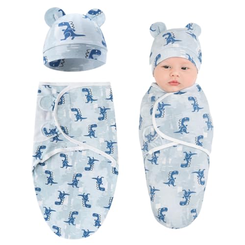 OIXEYA Gigoteuse pour bébé à Motif Dinosaure, Couverture d'emmaillotage et Bonnet, adaptés aux Nourrissons de 0 à 3 Mois, Doux, Confortables et Respirants (Bleu).