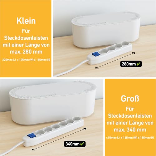 D-Line Kabelbox, Verlängerungsblöcke verstecken, Kabelmanagement für Schreibtische, TV-Kabel organisieren – 325mm (L) x 125mm (B) x 115mm (H) – Klein, Weiß