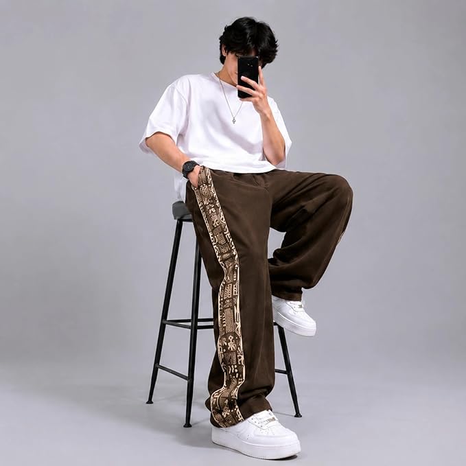 VEXUA Men's Baggy Printed Track Pants, Brown, 2XL - Image 4