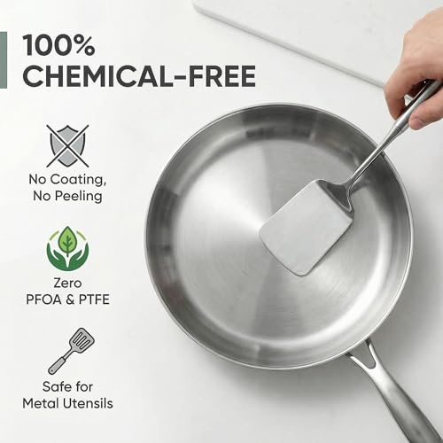 KIANGKIANG Pfanne Edelstahl-Bratpfanne - Für gleichmäßiges Braten und scharfe Anbraten auf allen Herdarten, inklusive Induktion (24CM)