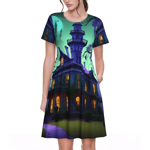 Robe d'été imprimé manoir hanté fluide et légère manches courtes