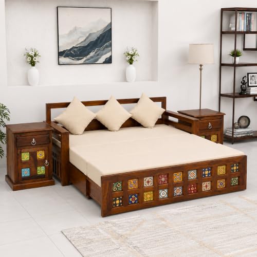 Image of SONA ART & CRAFTS Tile Sheesham Wood 3 Seater Sofa Cum Bed with Bedside | Wooden 3 Seater Sofa for Living Room Wooden Furniture Sofa Bed for Home (Natural Finish)